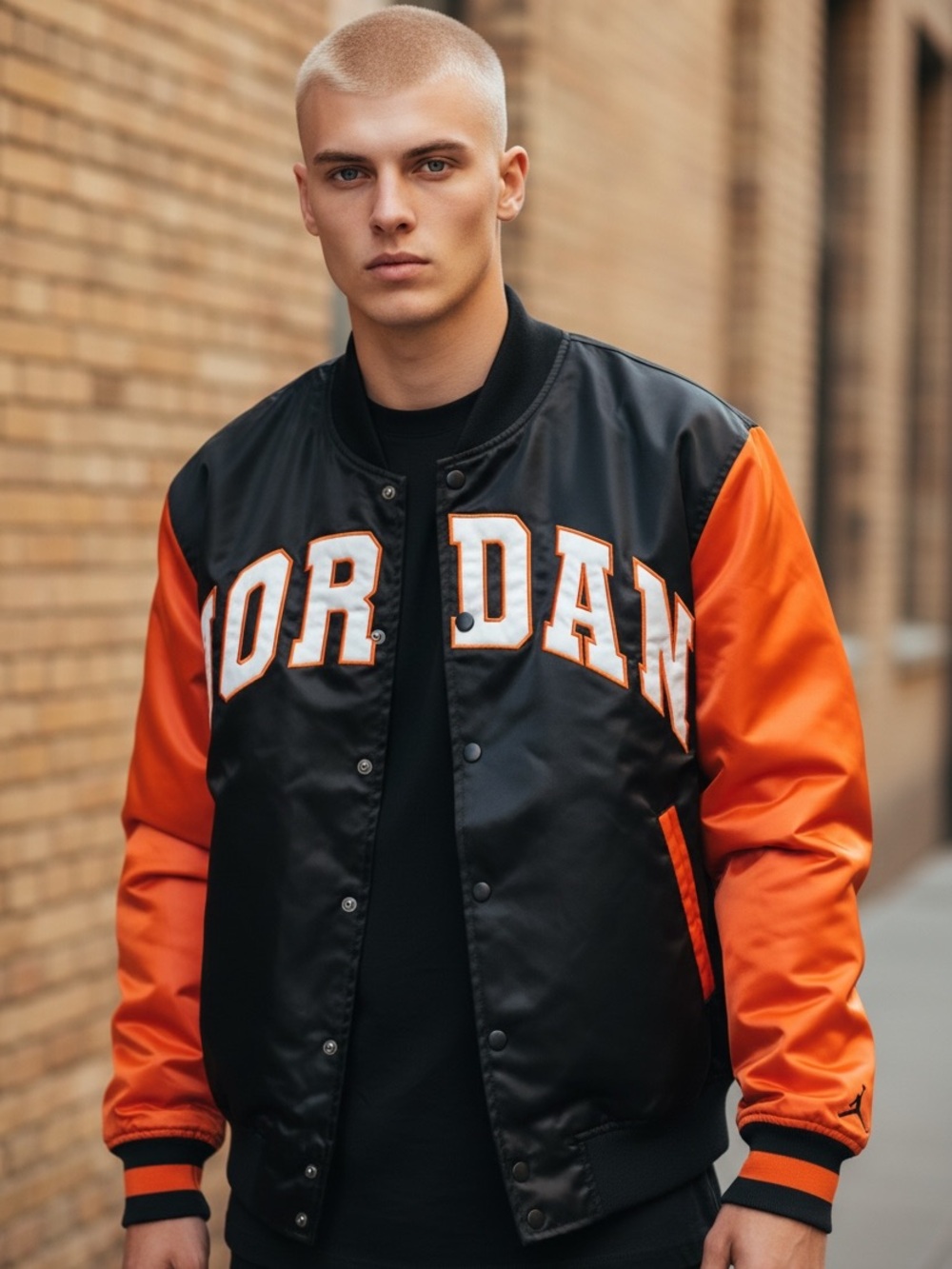 J ordan Black and Orange Satin Varsity Jacket